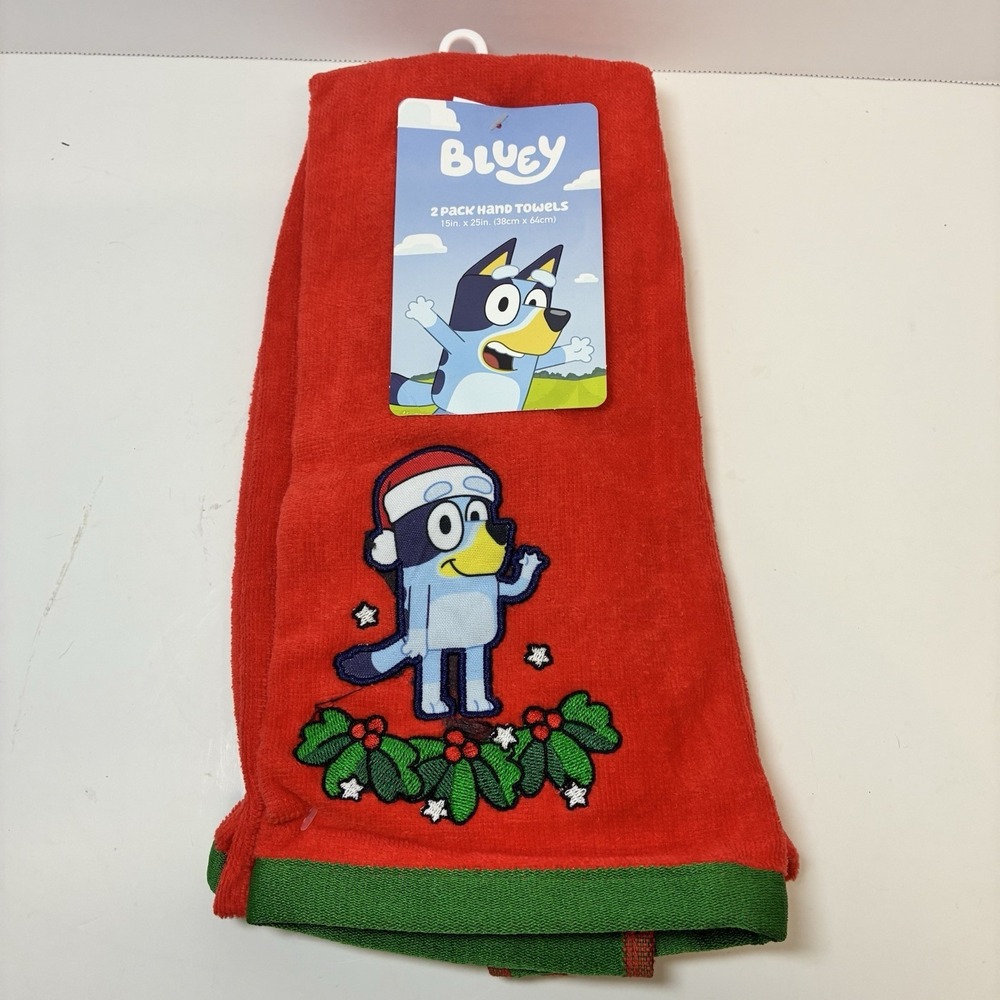 Christmas Bluey Santa Hat Red Hand Towels 2 Pack Cotton 15" x 25" Embroidered